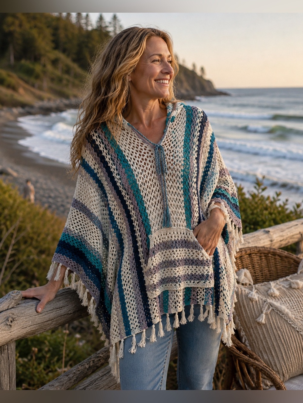 lovestitch Cream, Blue & Teal Striped Crochet Poncho